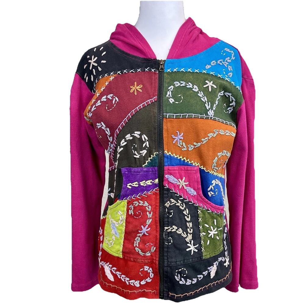 Y2K Nepal Boutique Artsy Zip Hoodie Jacket Large Boho Hippie Unique Patchwork
